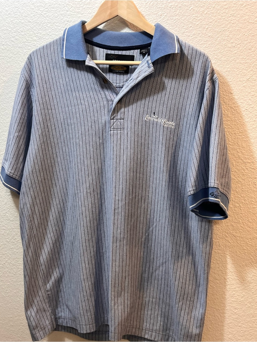 Greg Norman Collection Light Blue Pinstripe Polo with Navy Trim